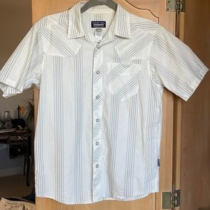 XSmall Men’s white with stripes organic cotton Patagonia shirt.